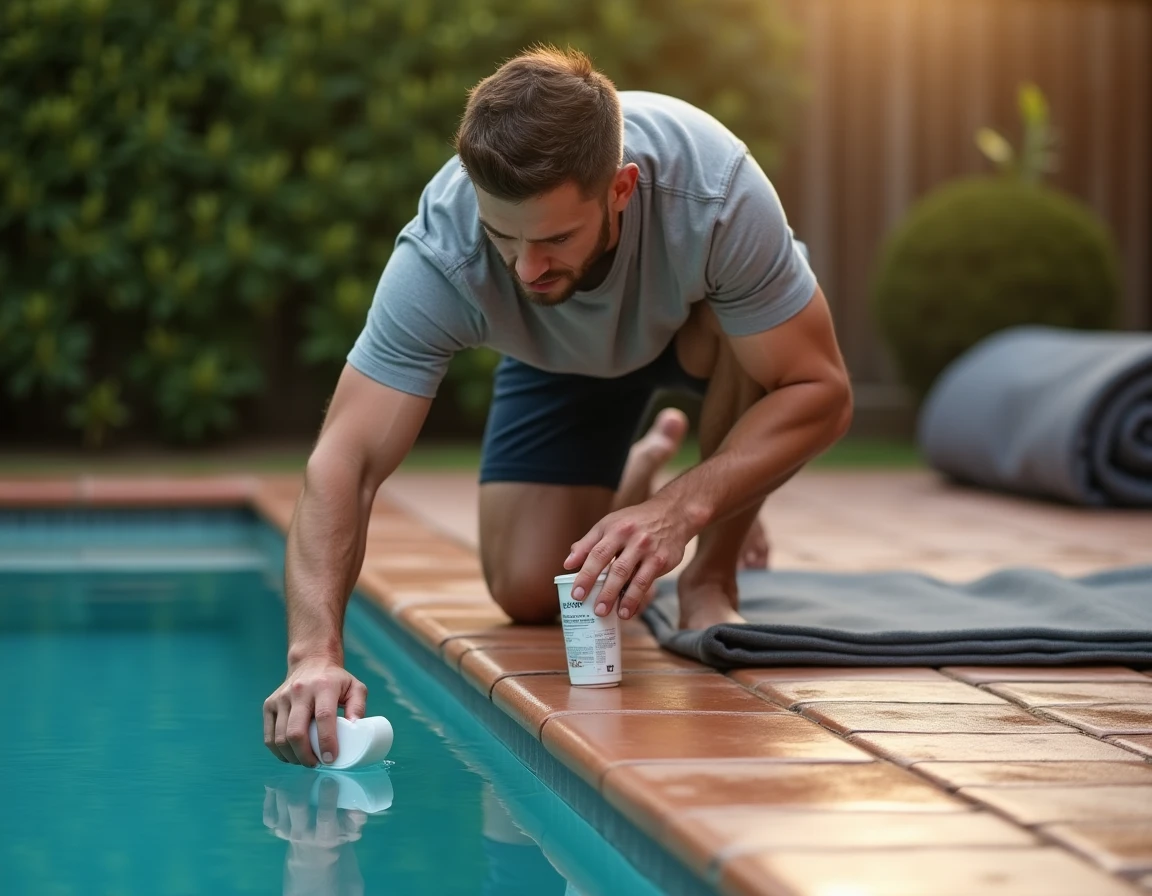 Homme ajoutant un traitement chimique dans une piscine pour maintenir la qualité de l'eau sans pompe de filtration