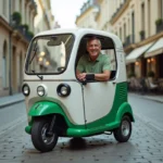 Tuk tuk électrique garé dans une rue pavée d'une ville française avec un conducteur en polo souriant appuyé contre le véhicule